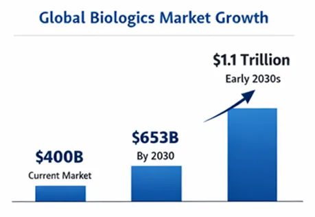 Bar chart showing Global Biologics Market Growth from $400B current to $653B by 2030 to $1.1 Trillion in the early 2030s